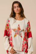 BiBi Floral Print Mixed Star Patch Round Neck Sweatshirt