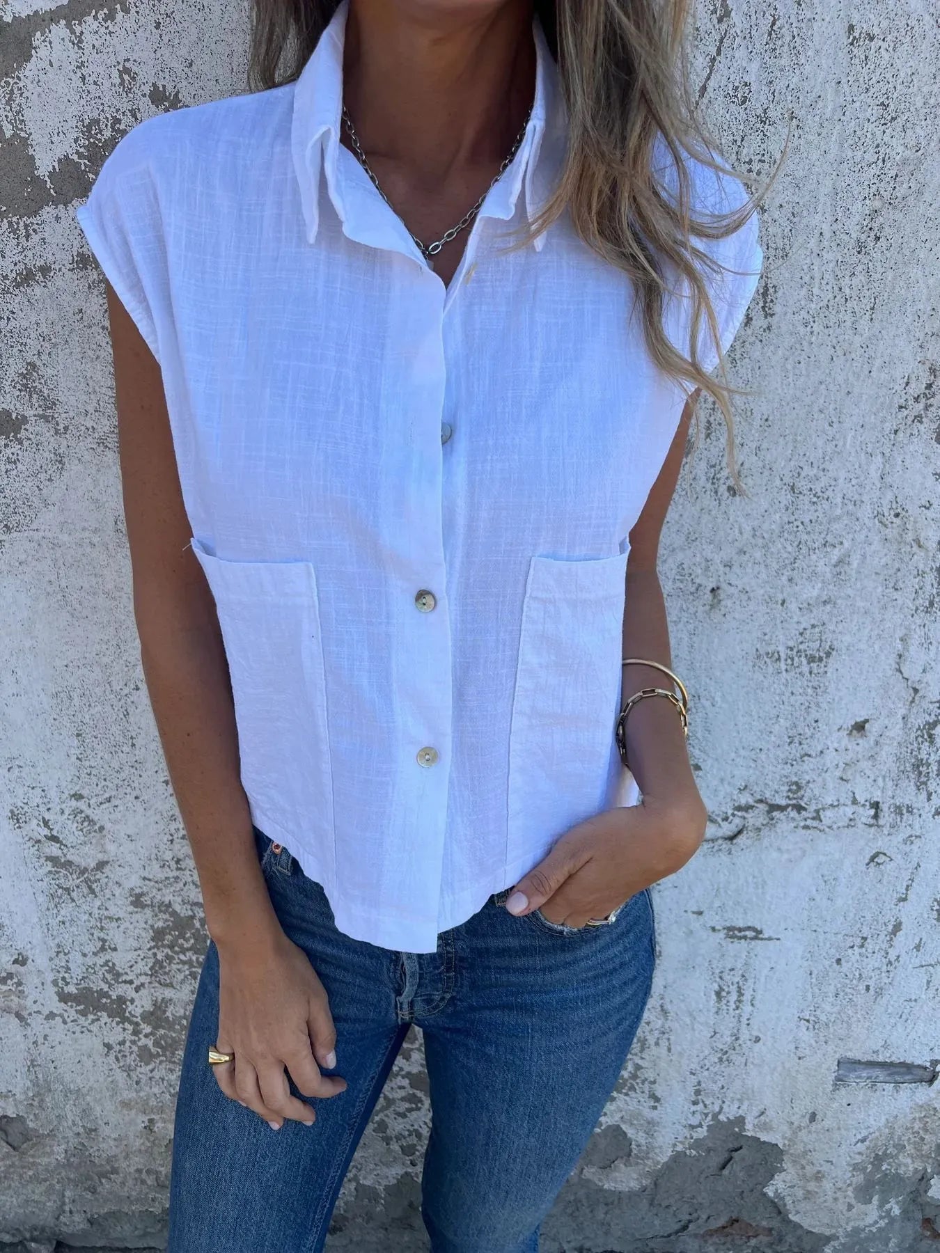 Full Size Textured Button-Front Sleeveless Shirt Plus Size