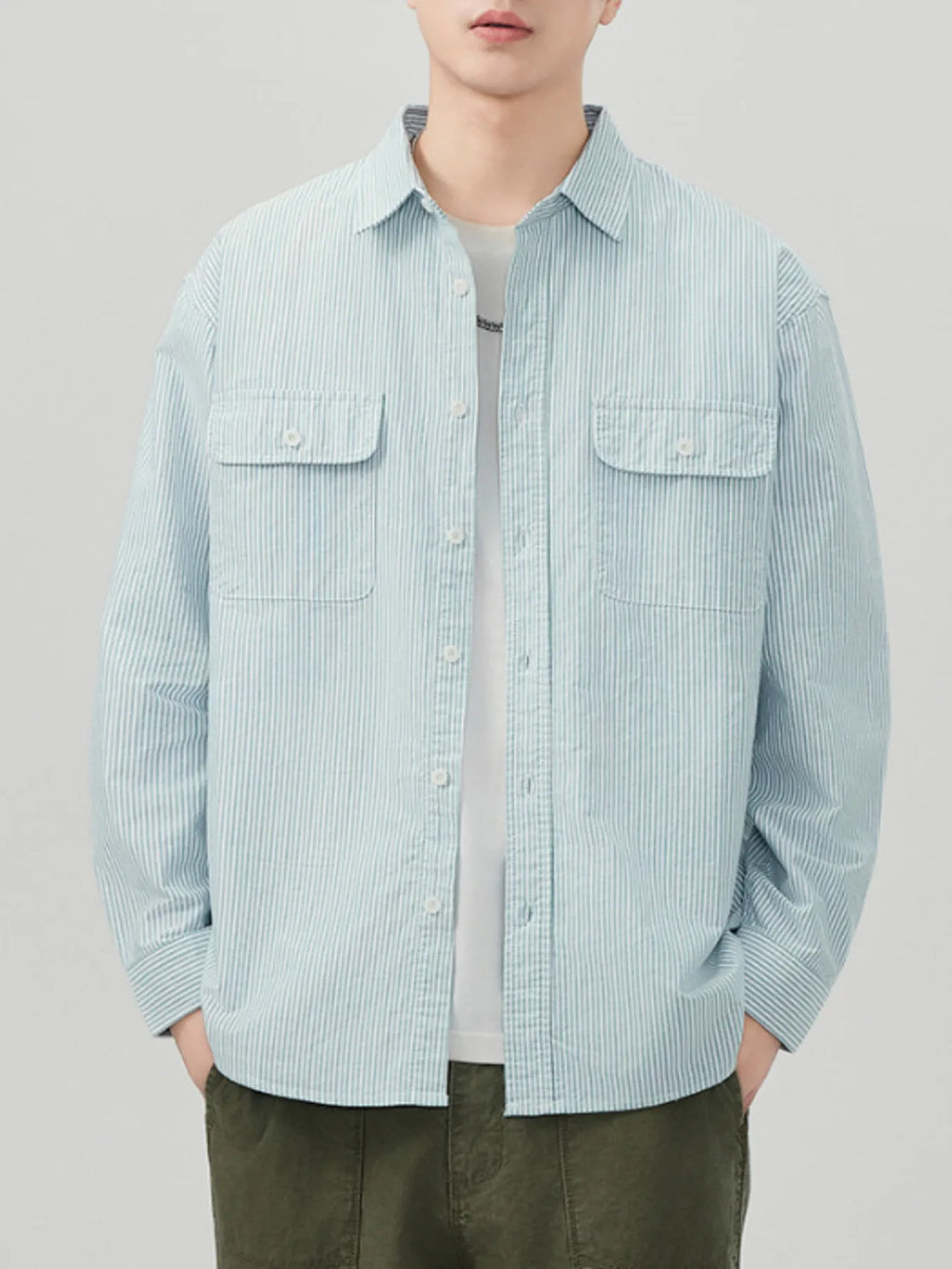 Men's Plus Size Striped Button Up Long Sleeve Shirt