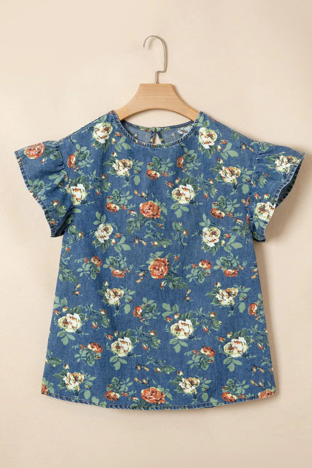 Ruffled Short Sleeve Floral Denim Top