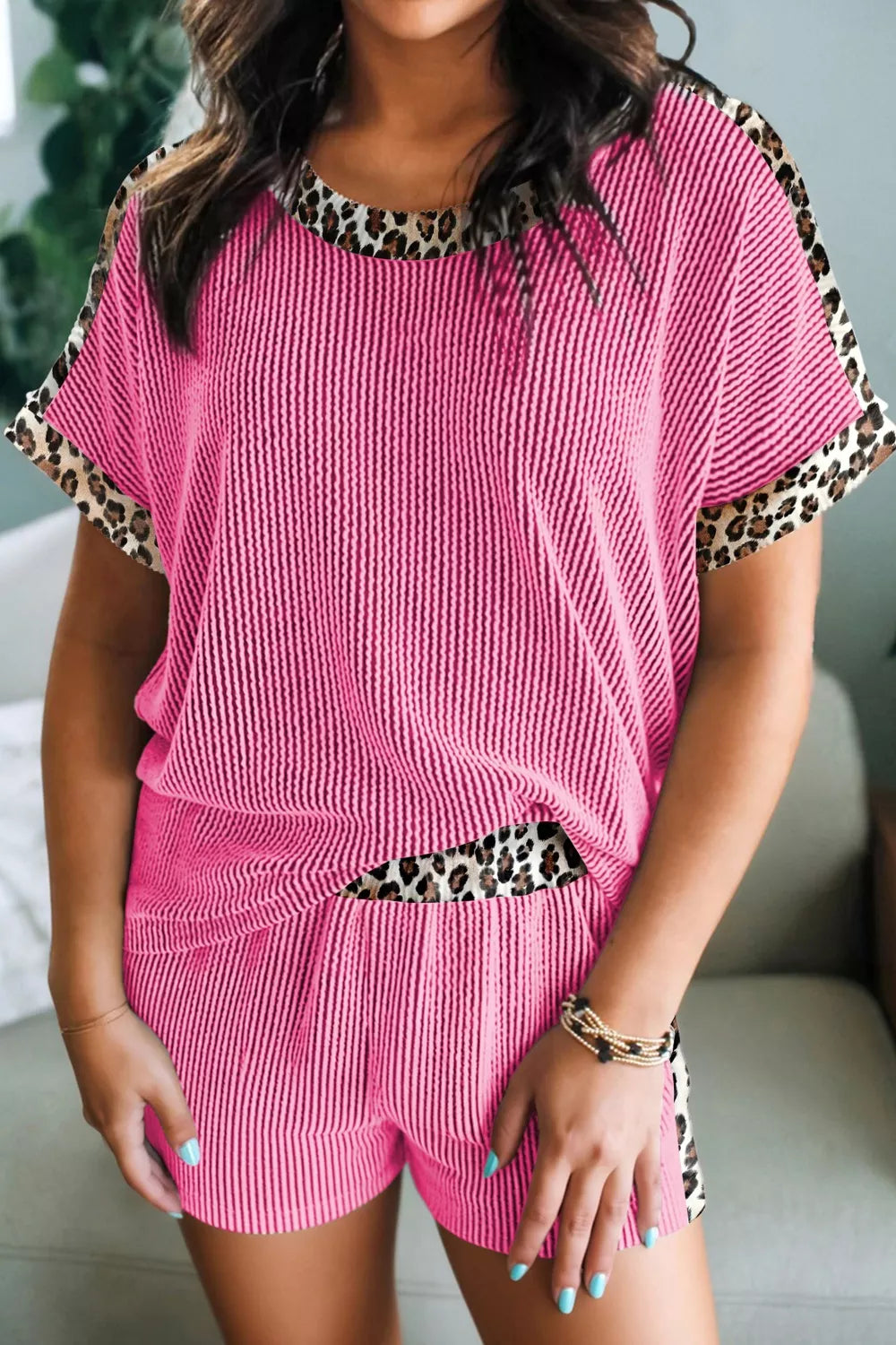 Leopard Trim Twist Ribbed Top and Shorts Set