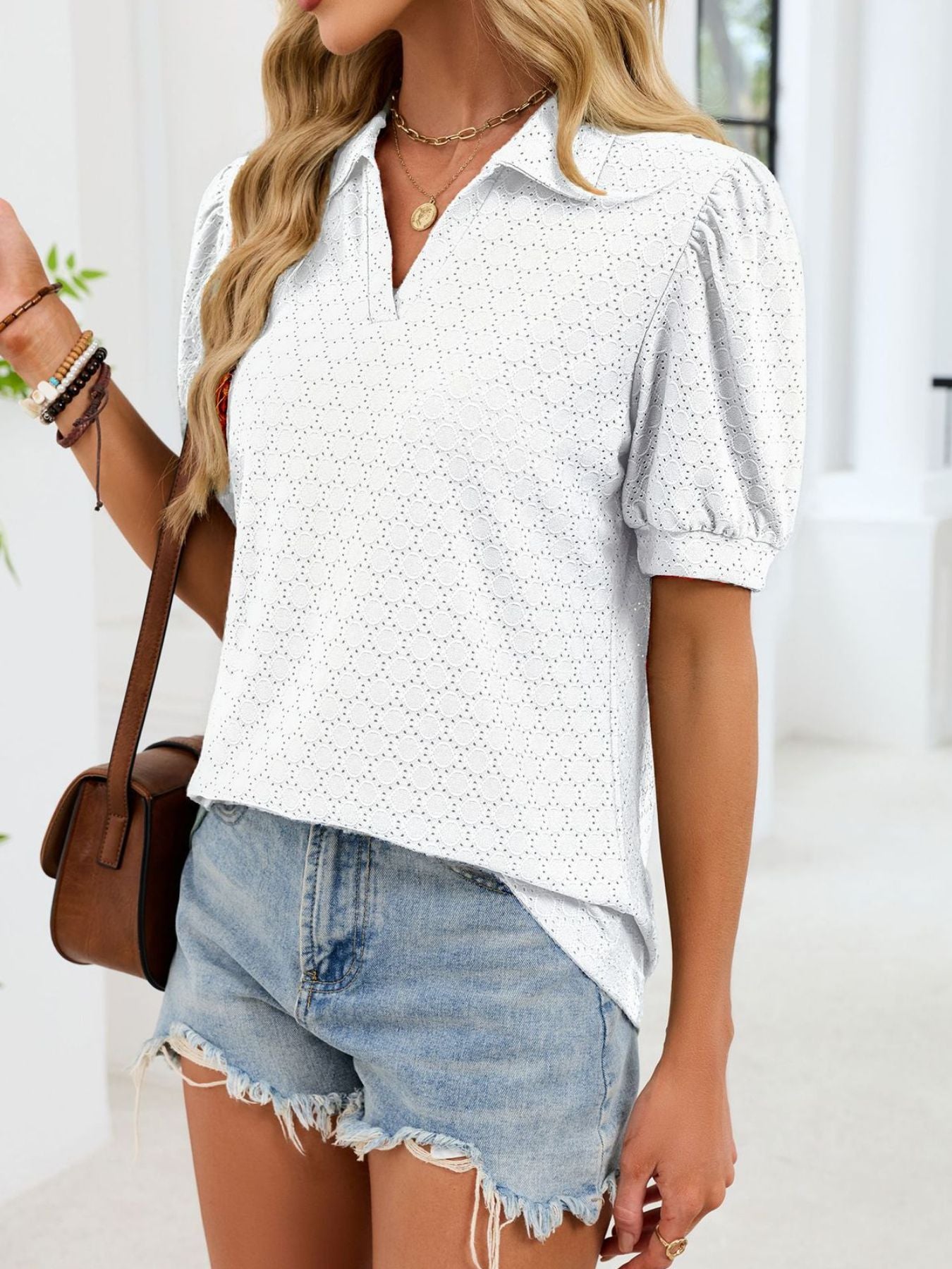Eyelet Johnny Collar Puff Sleeve Top
