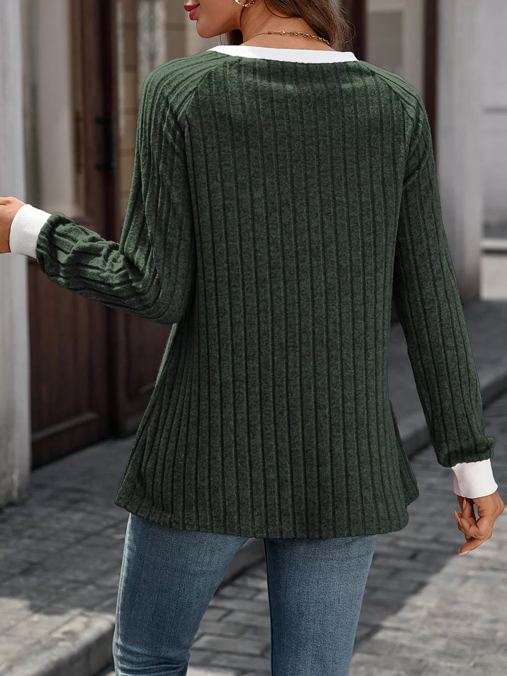 Ribbed Round Neck Raglan Sleeve Knit Top