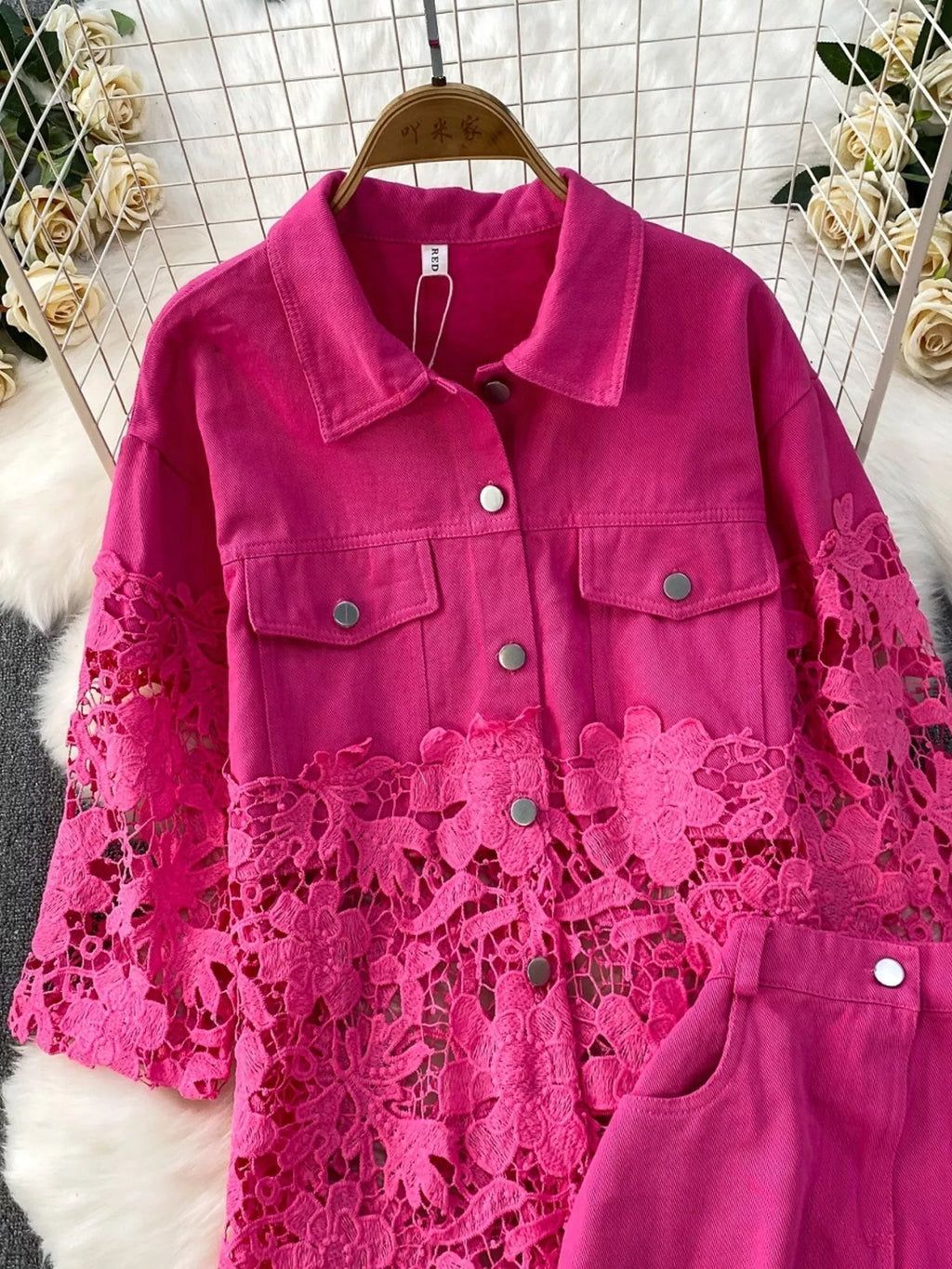 Lace Patchwork Shacket and Pants Set