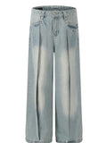 Men's Wash Pleated Wide Leg Jeans