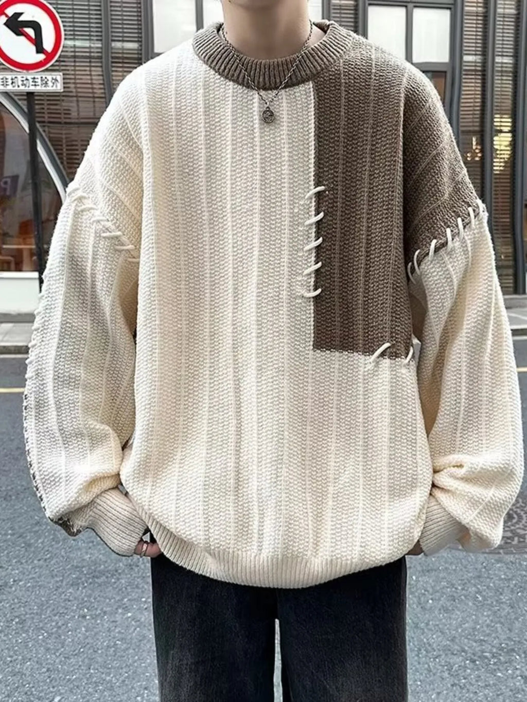 Men's Color Block Round Neck Knitted Pullover