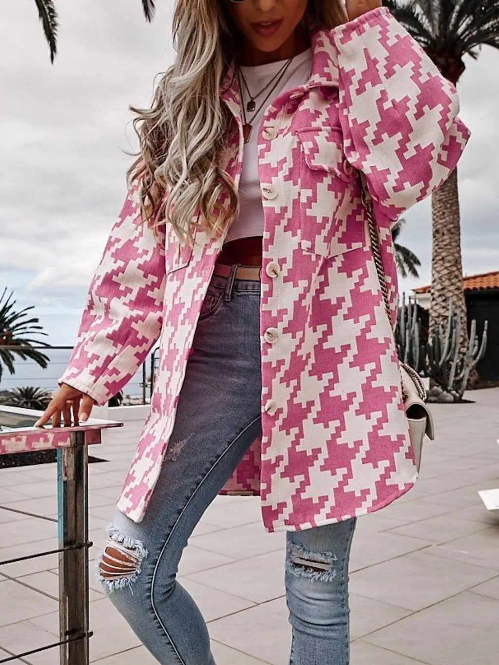Houndstooth Button Up Long Sleeve Outerwear
