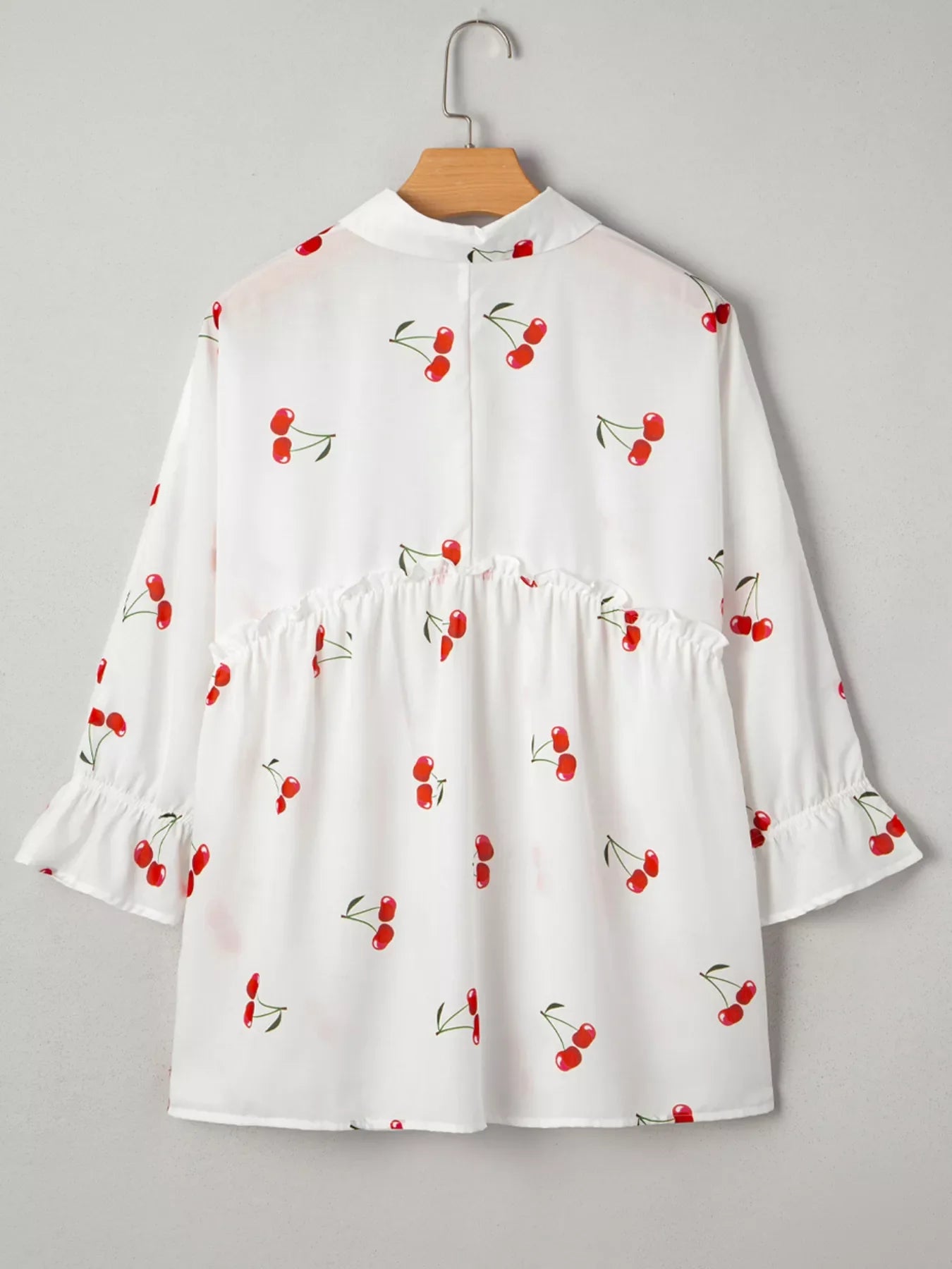 Cherry Print Flounce Sleeve Collared Frilled Babydoll Blouse