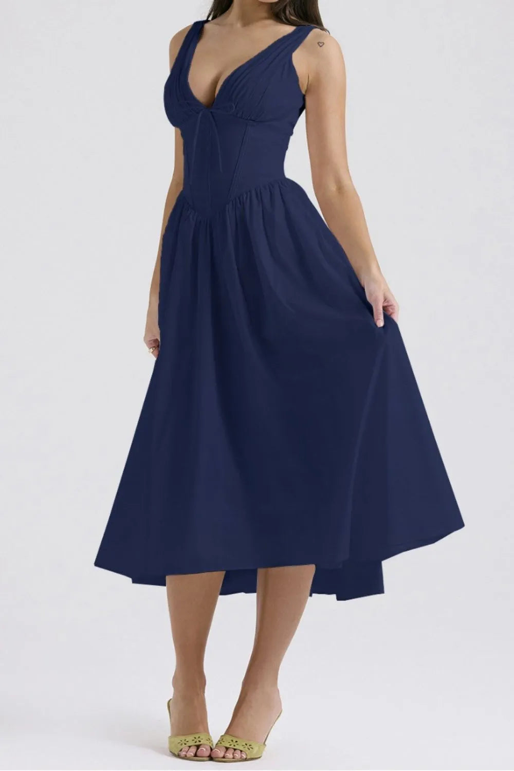 Ruched V-Neck Sleeveless Dress with Pockets