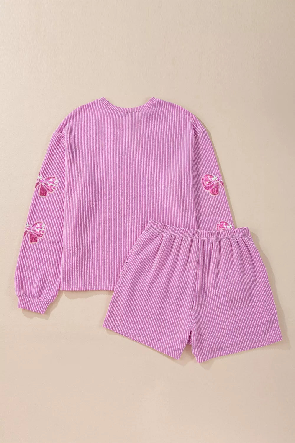 Corded Rib Sequin Bow Patched Long Sleeve Top and Shorts 2pcs Set