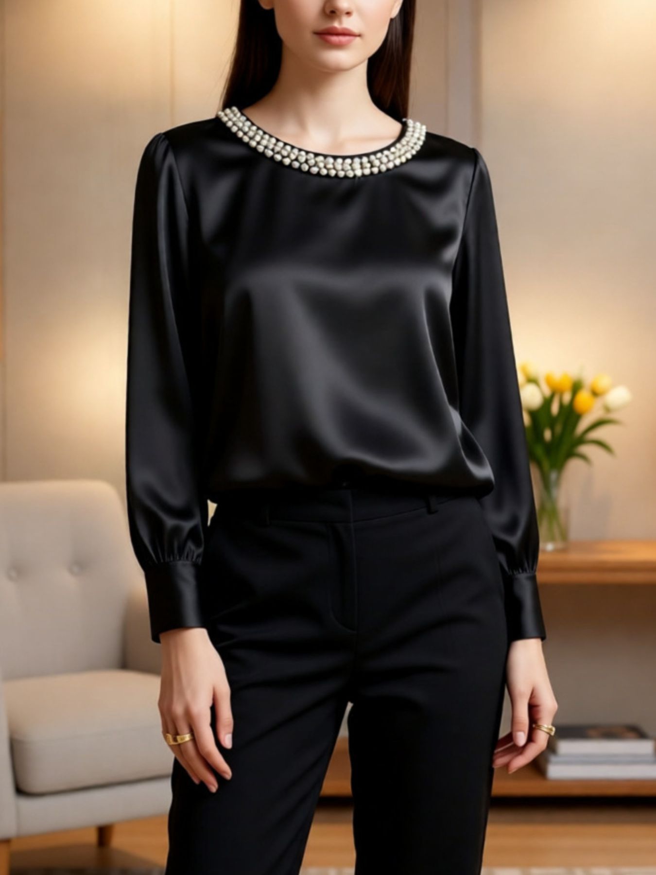 Pearl Trim Round Neck Silk Blouse