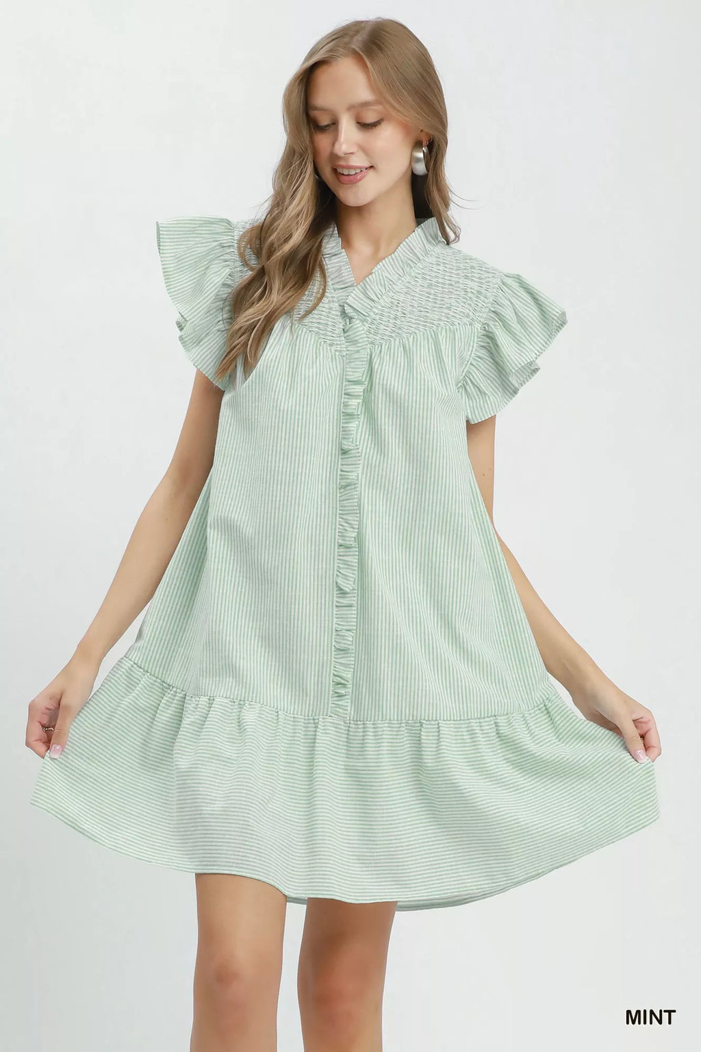 Umgee Stripe Smocked Yoke Ruffle Dress