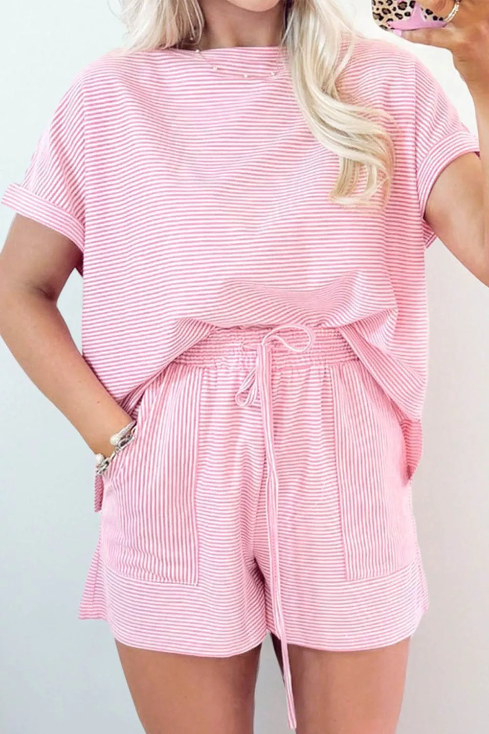 Stripe Matching Oversized Tee and Drawstring Shorts Set