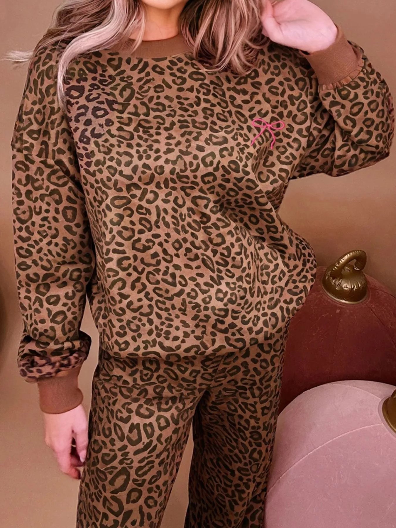Leopard Print Contrast Trim Long Sleeve Top and Pants Set
