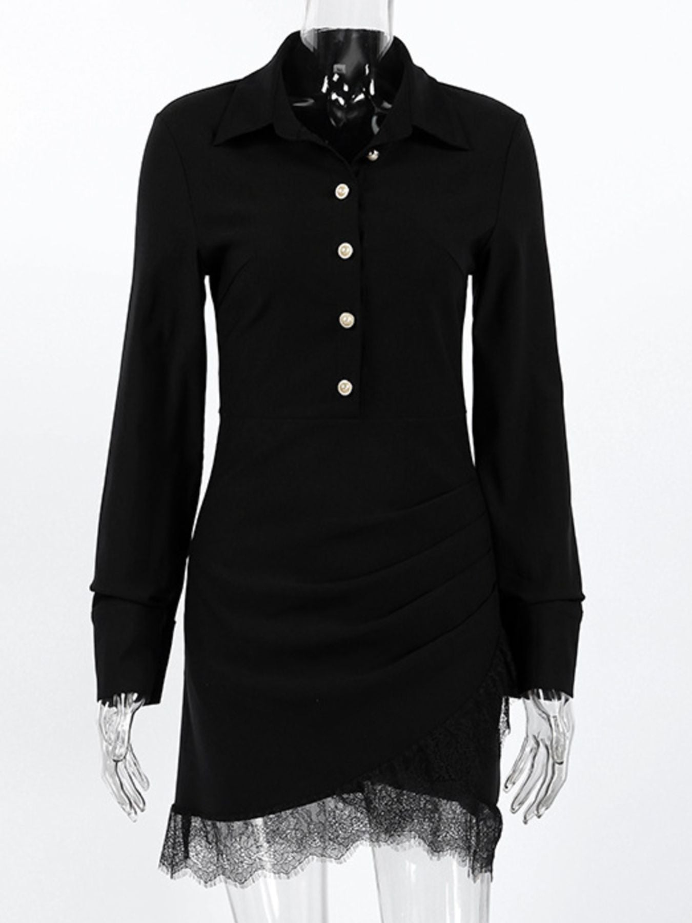 Lace Detail Button Front Long Sleeve Dress
