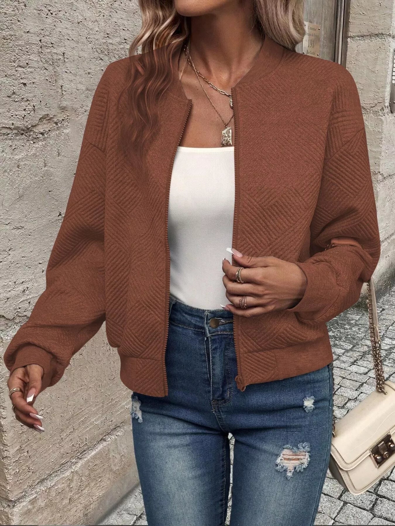 Zip-Up Textured Long Sleeve Jacket