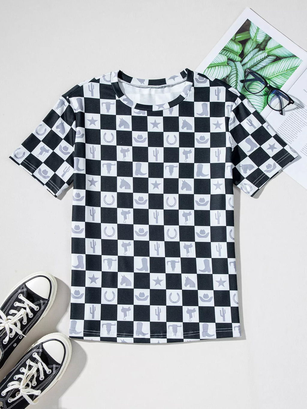 Western Checkerboard Print Side Split T Shirt
