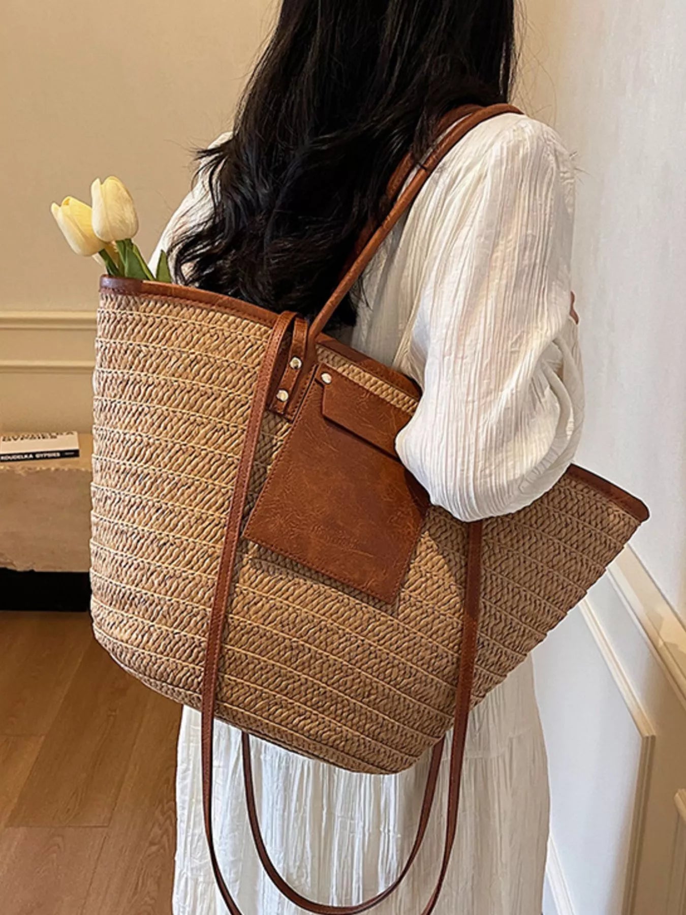 Straw Woven Shoulder Bag with Leather Accents