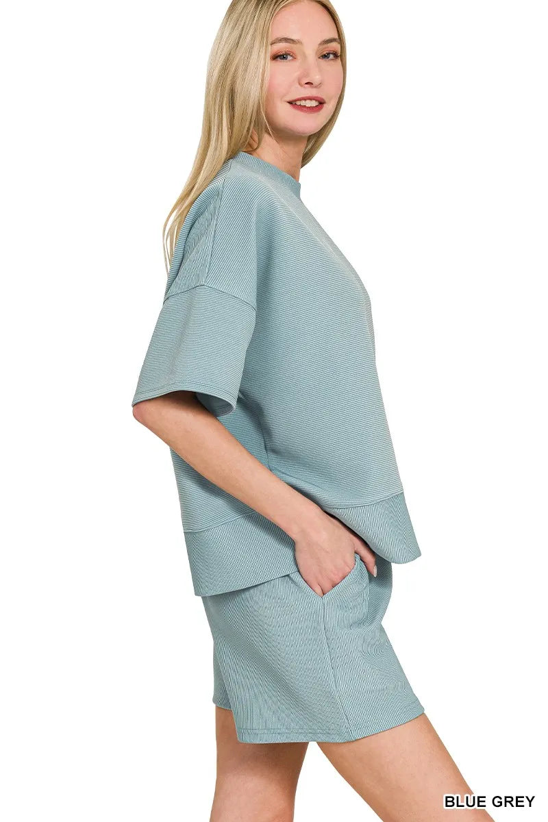 Zenana Ribbed Round Neck Waist Banded Tee & Shorts Set