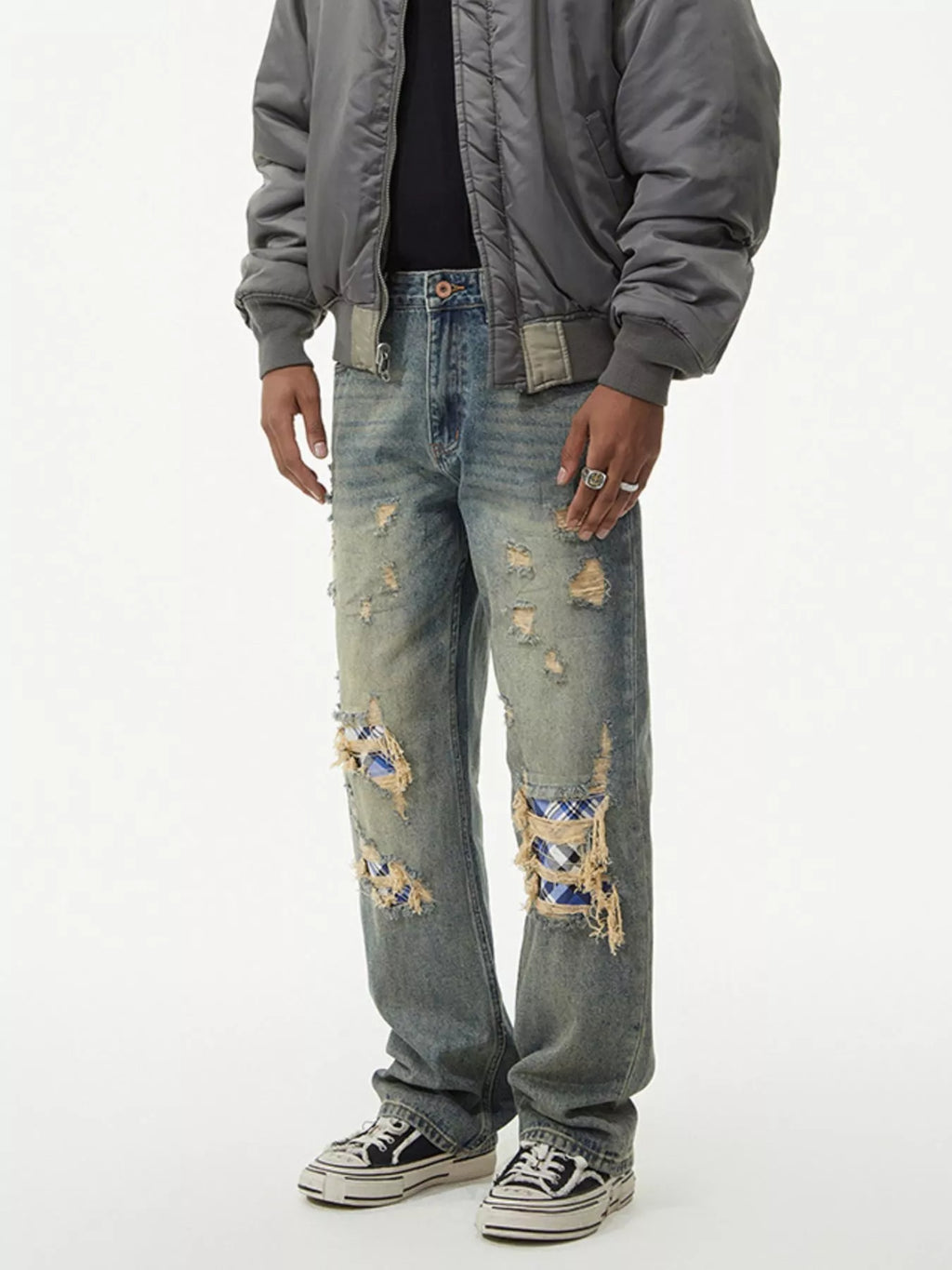Men's Distressed Plaid Patch Wide Leg Jeans