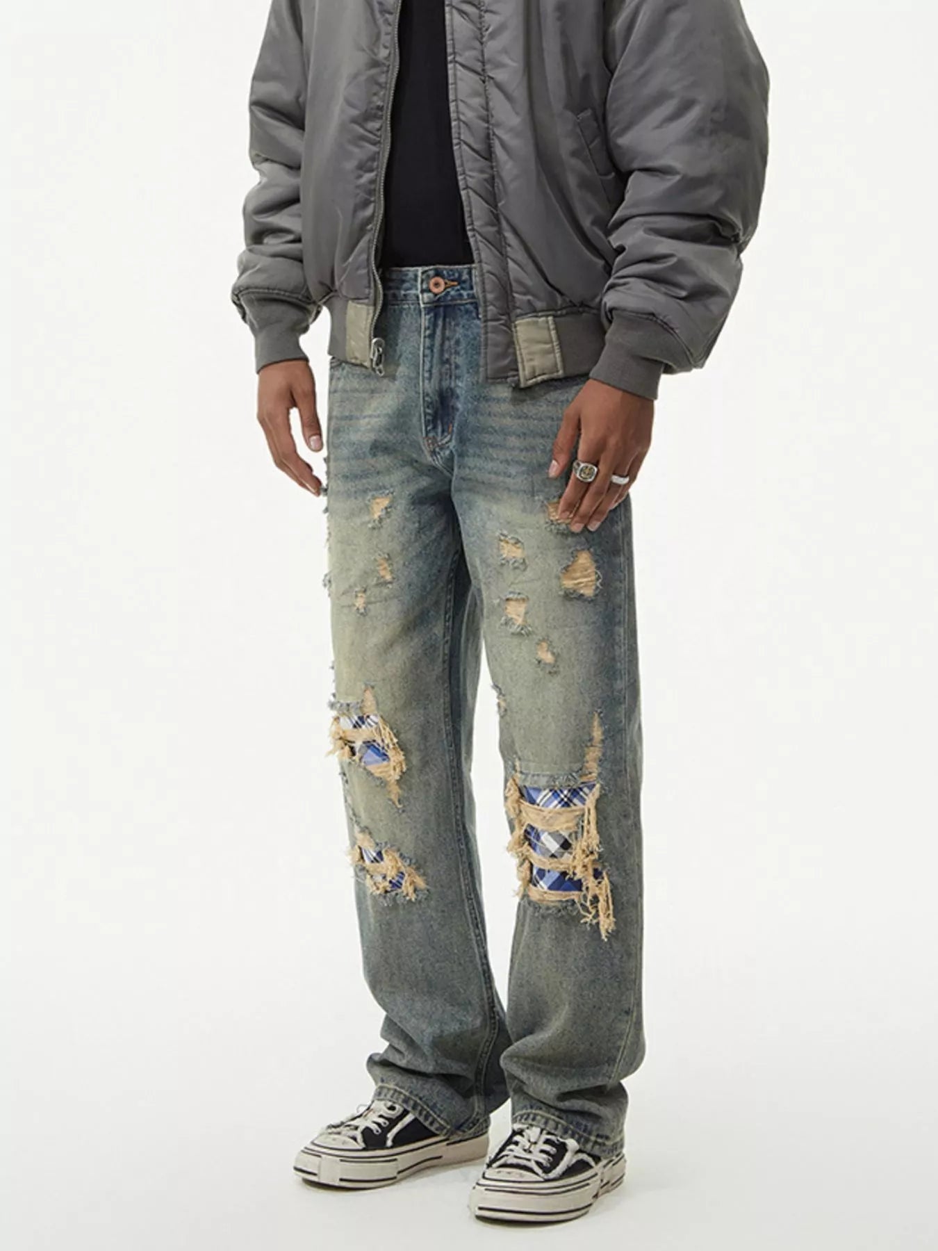 Men's Distressed Plaid Patch Wide Leg Jeans