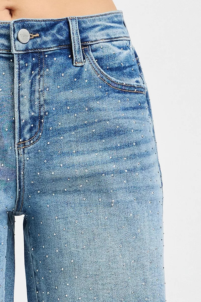 RISEN Slouchy Mid Length All Over Rhinestones Shorts