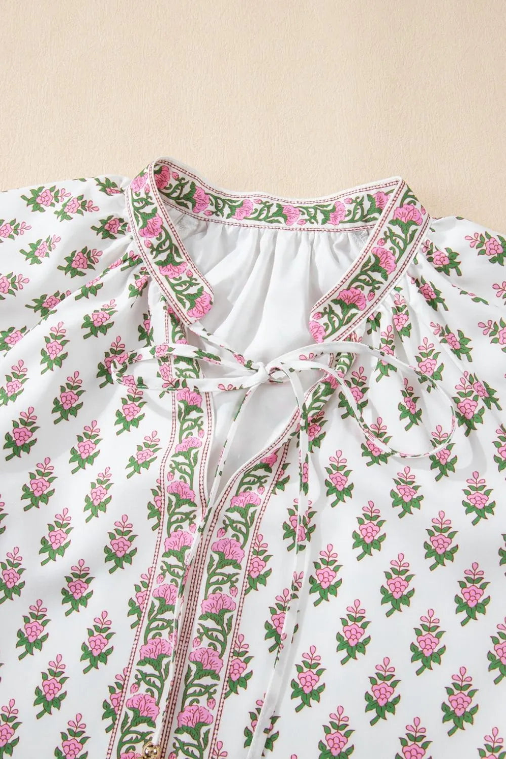 Floral Print Puff Sleeve Tie Neck Ruffled Hem Dress