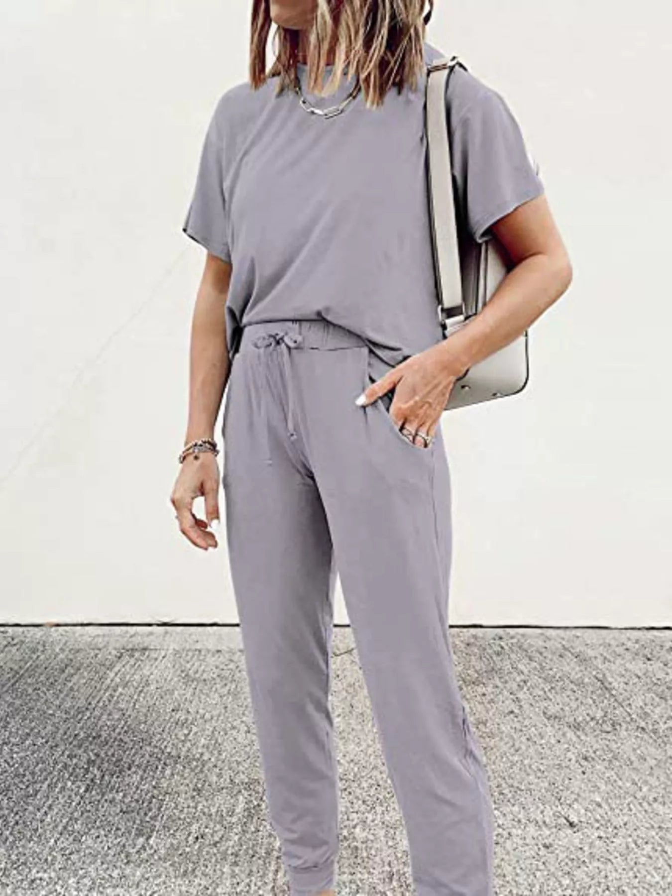 Full Size Round Neck Top and Drawstring Pants Set Plus Size
