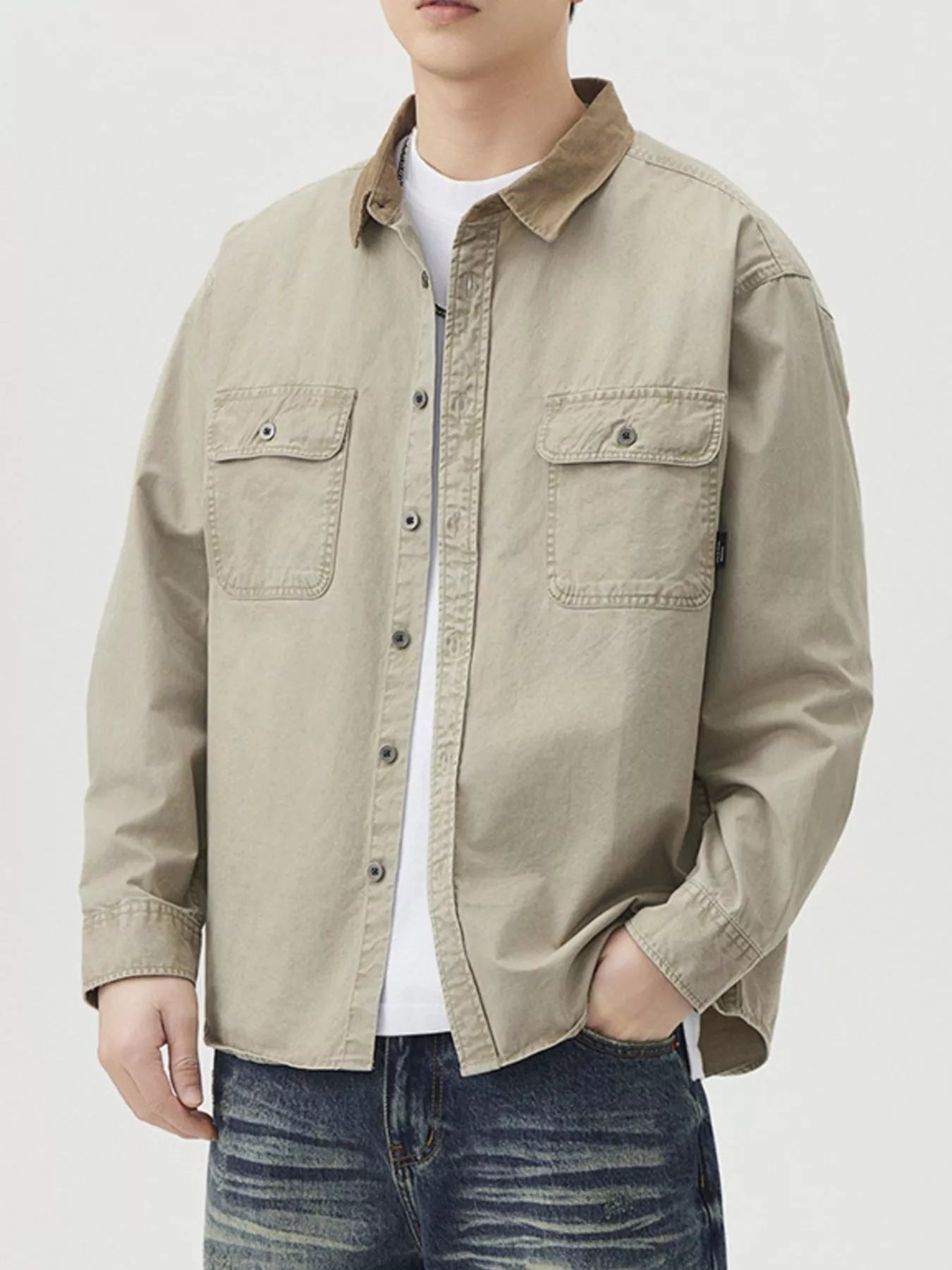 Men's Plus Size Button Up Shacket with Dual Chest Pockets