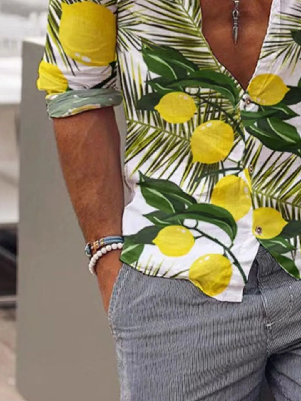 Men's Full Size  Lemon Print Button Up Shirt Plus Size