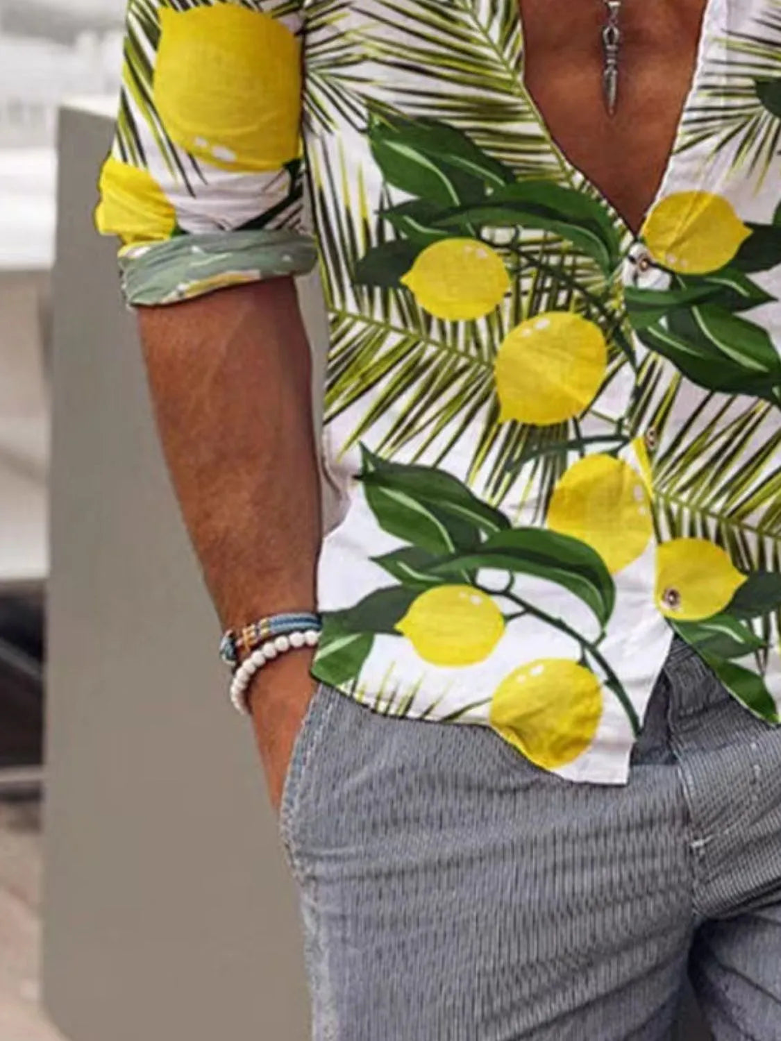 Men's Full Size  Lemon Print Button Up Shirt Plus Size