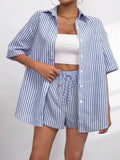 Striped Button Up Shirt and Shorts Casual Set