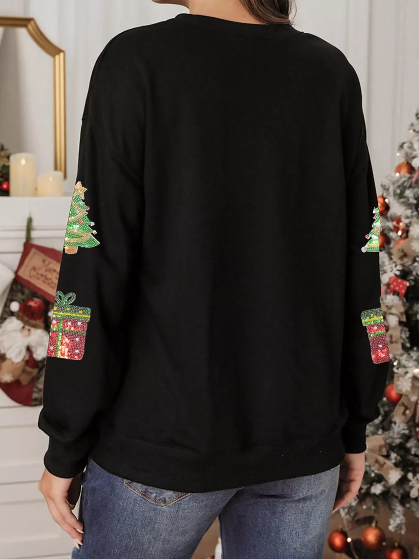 Sequin Christmas Trees Gifts Patched Drop Shoulder Sweatshirt