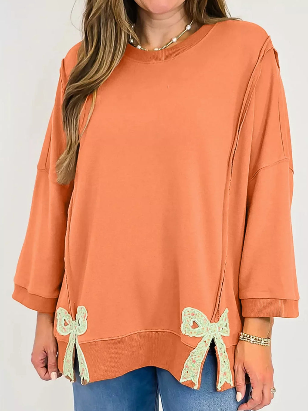 Bow Slit Round Neck Sweatshirt