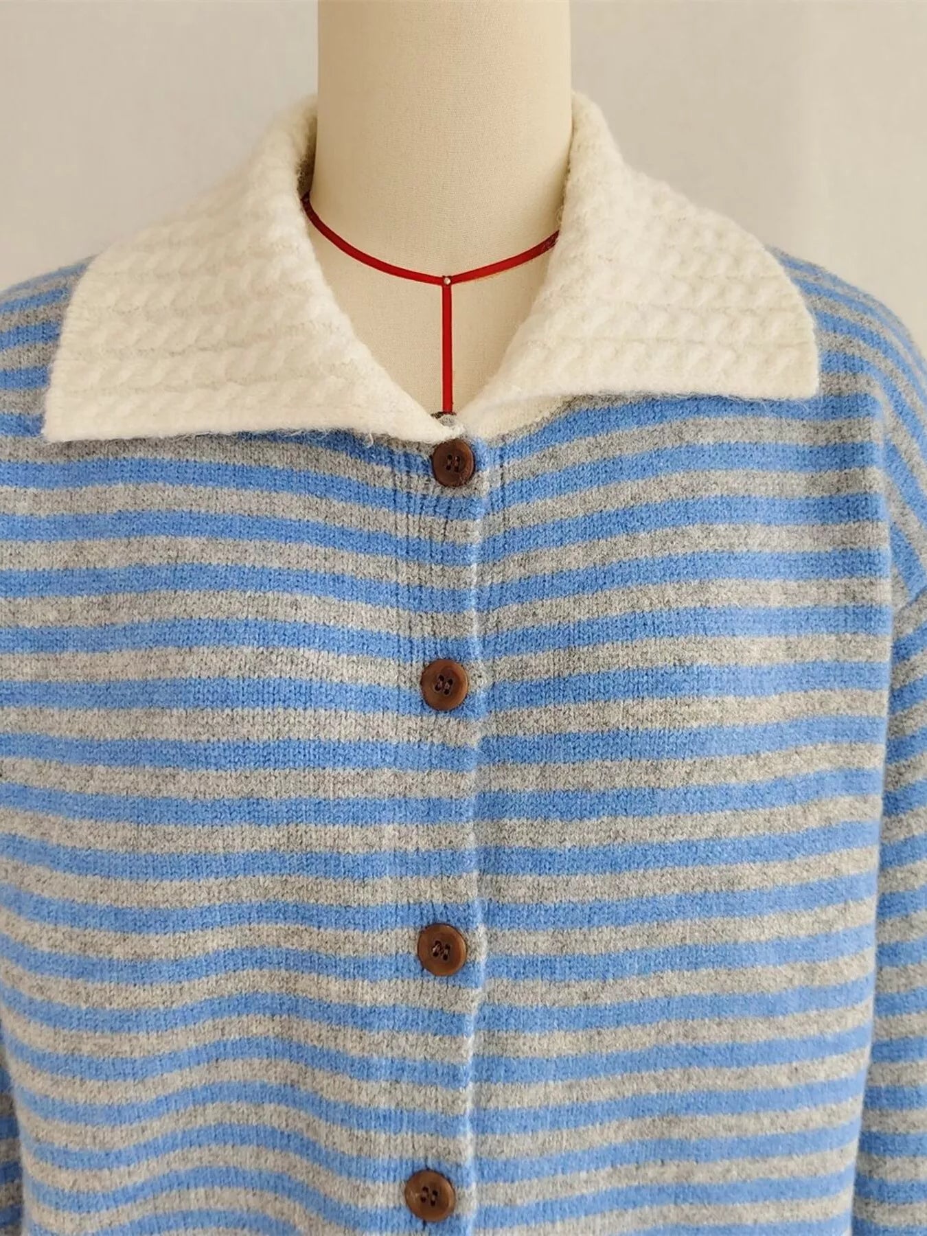 Striped Knit Button Down Cardigan with Collar