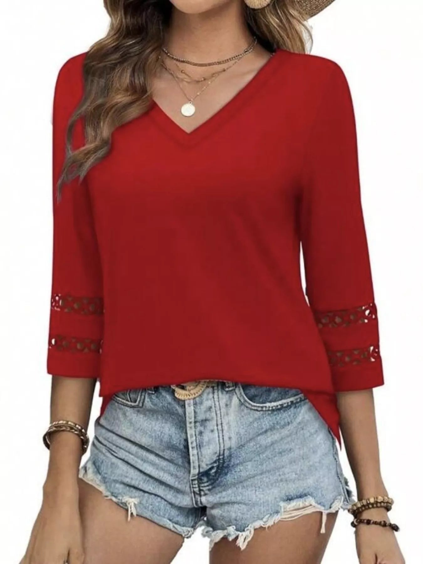 Full Size V-Neck 3/4 Sleeve T-Shirt Plus Size