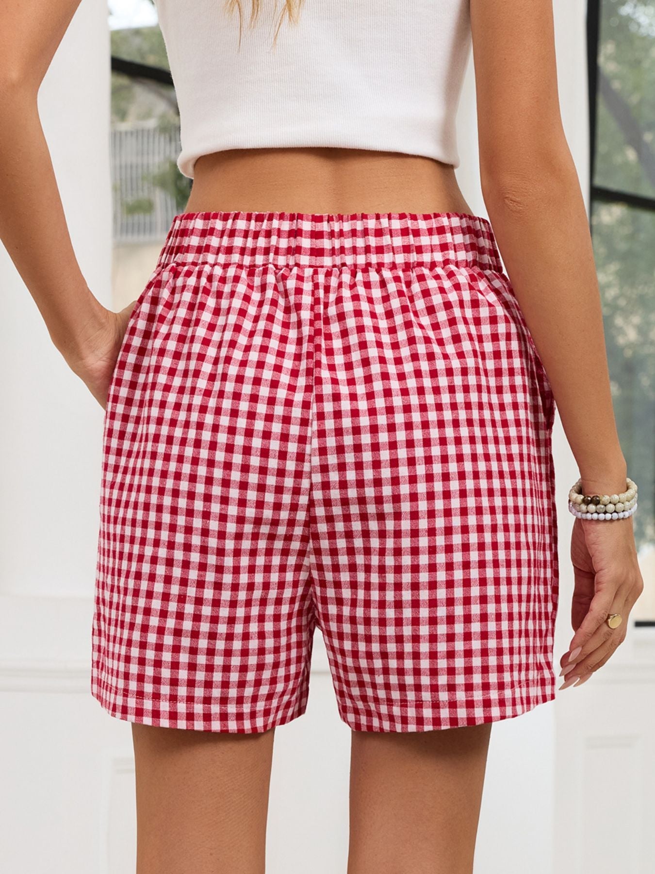 Gingham Elastic Waist Casual Shorts