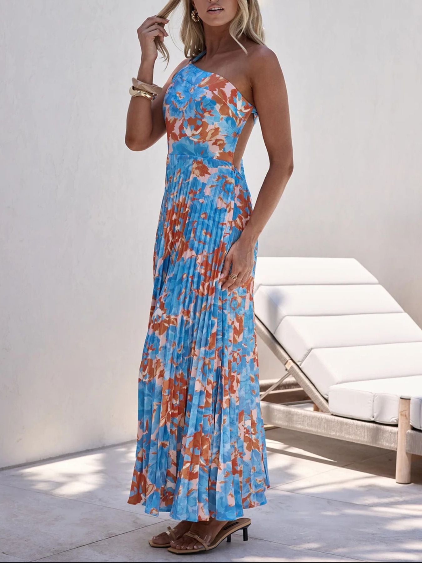 Floral Print One-Shoulder Pleated Dress