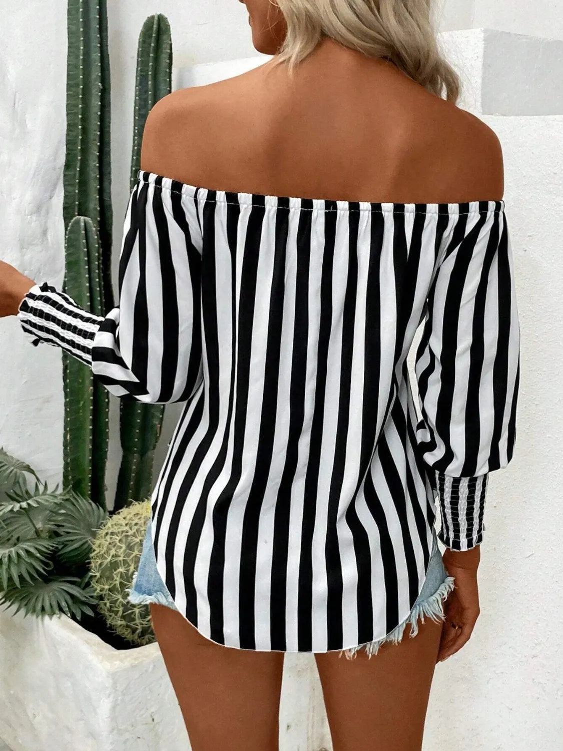 Striped Off-Shoulder Long Sleeve Blouse