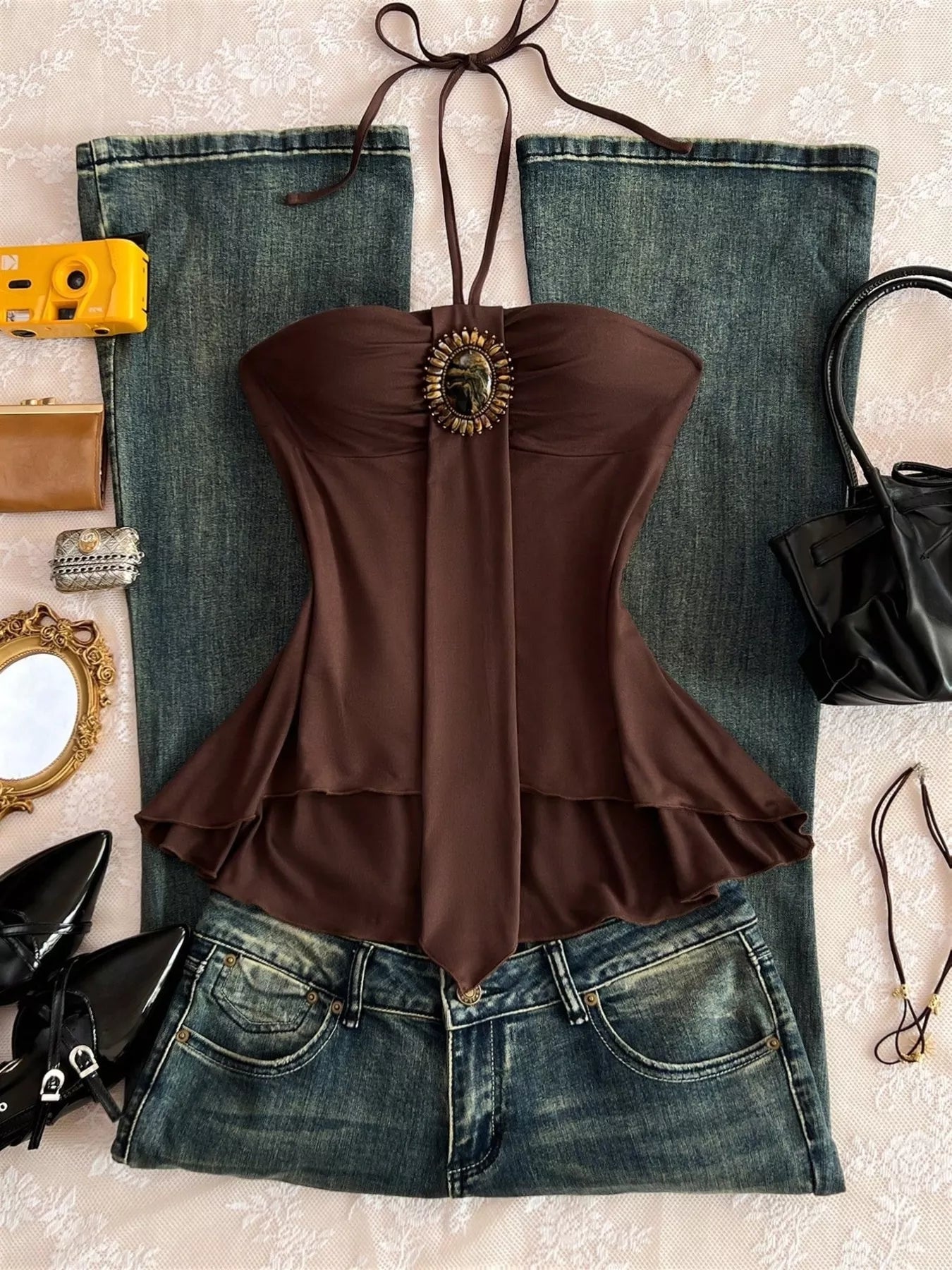 Embellished Front Halter Neck Cami