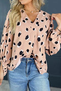 Contrast Animal Print V-Neck Long Sleeve Blouse