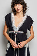 POL Tied Ruffled V-Neck Short Sleeve Blouse with Lace Detail