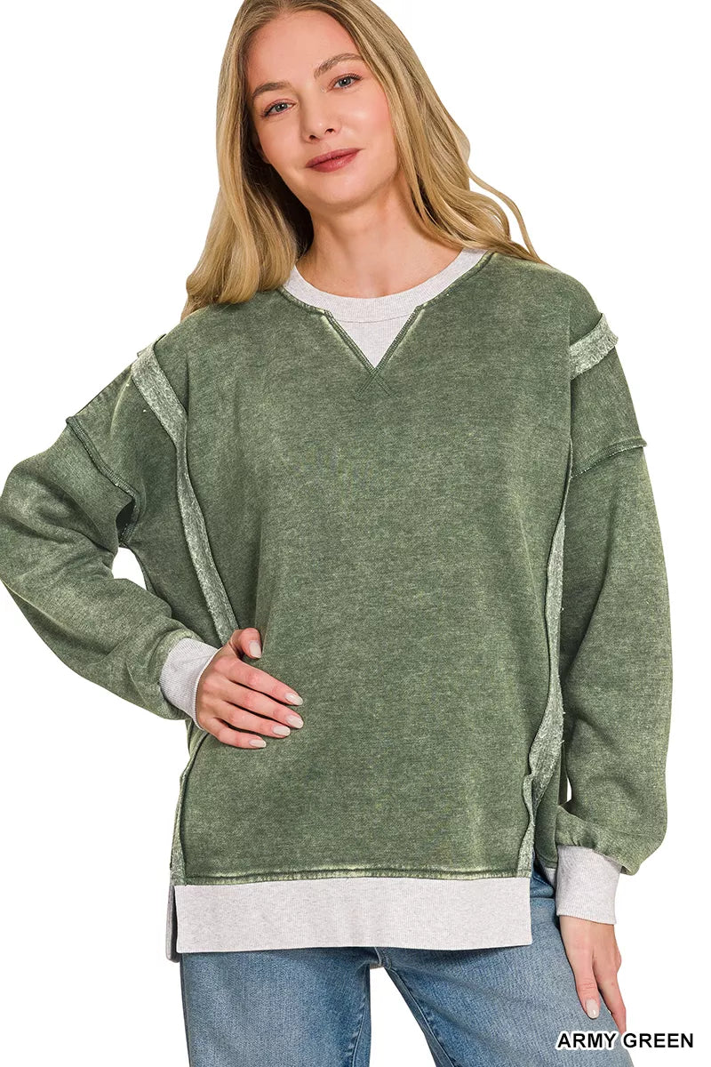 Zenana Fleece Acid Washed Contrast Trim Sweatshirt
