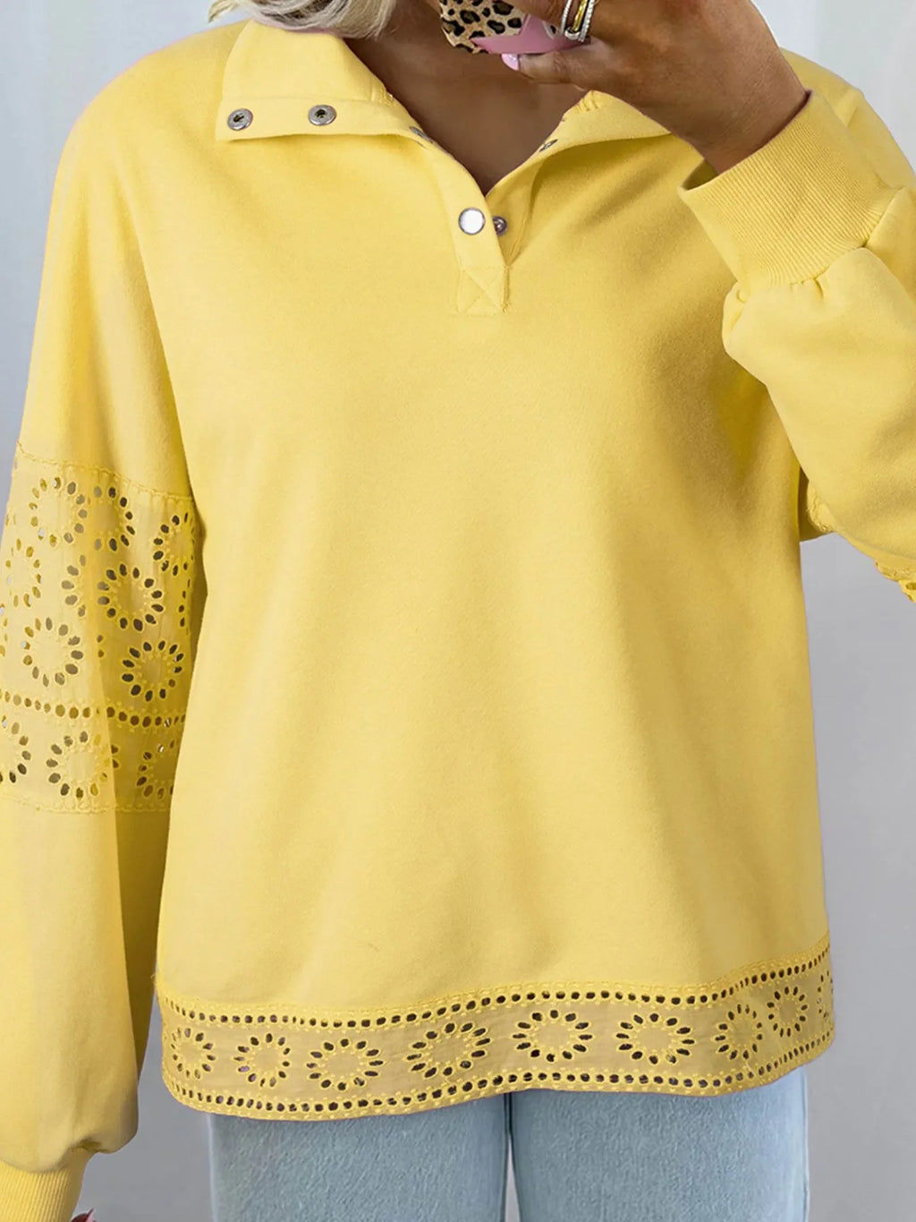 Eyelet Lace Detail Snap Down Sweatshirt