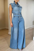 Sleeveless Wide-Leg Denim Jumpsuit with Button-Front