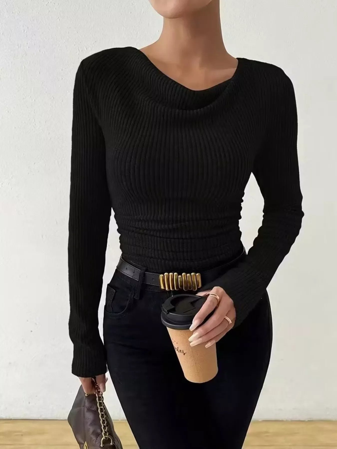 Cowl Neck Ribbed Knit Top