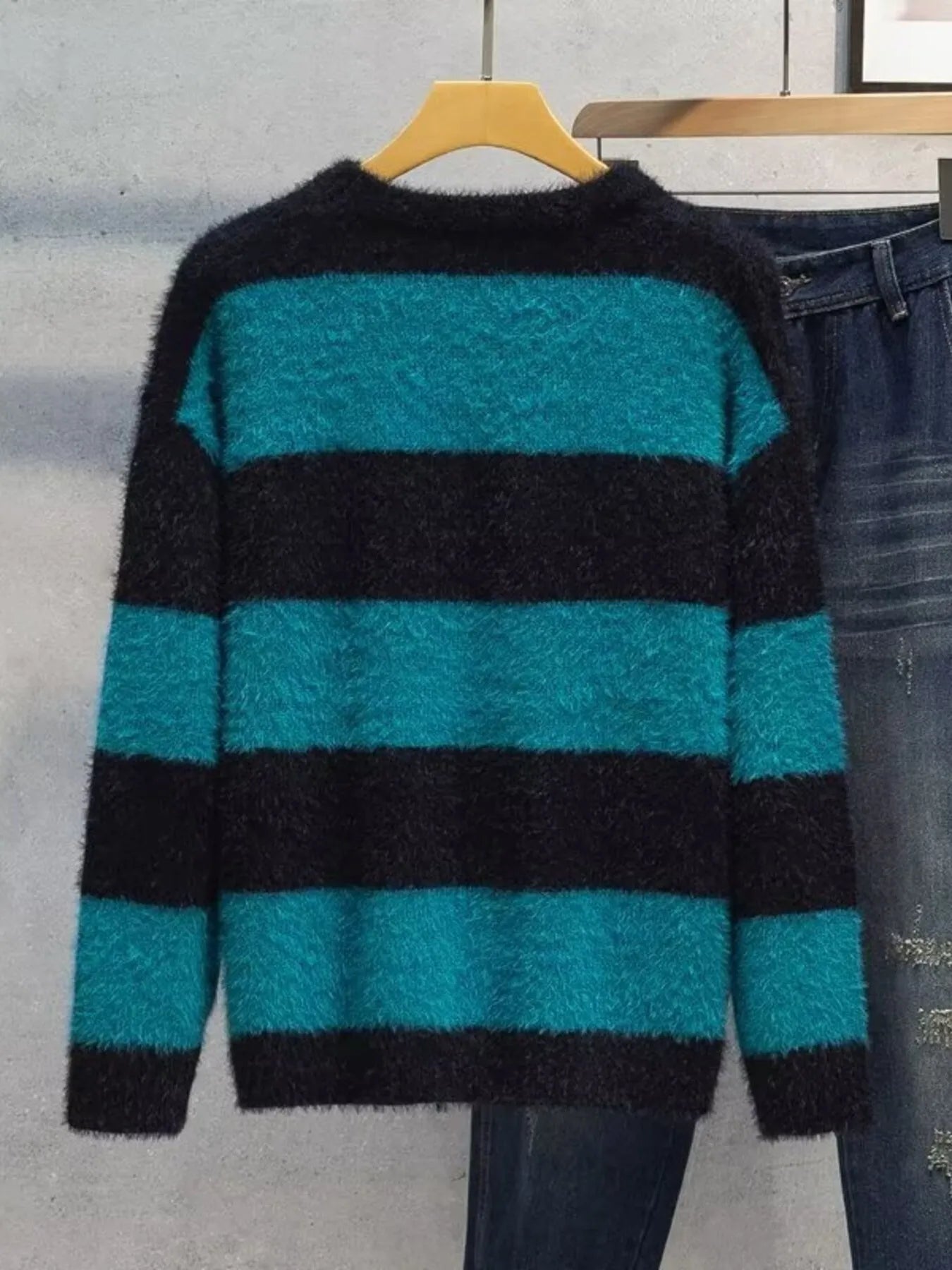 Men's Plus Size Striped Fuzzy Knit Pullover Sweater