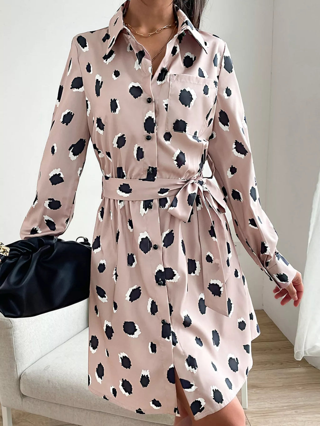 Printed Long Sleeve Mini Shirt Dress