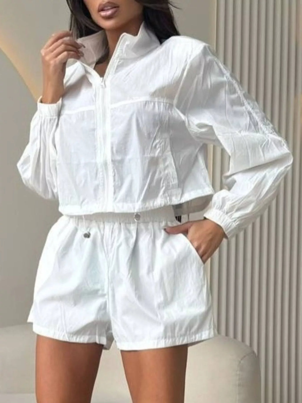Zip Up Long Sleeve Outerwear and Shorts Set