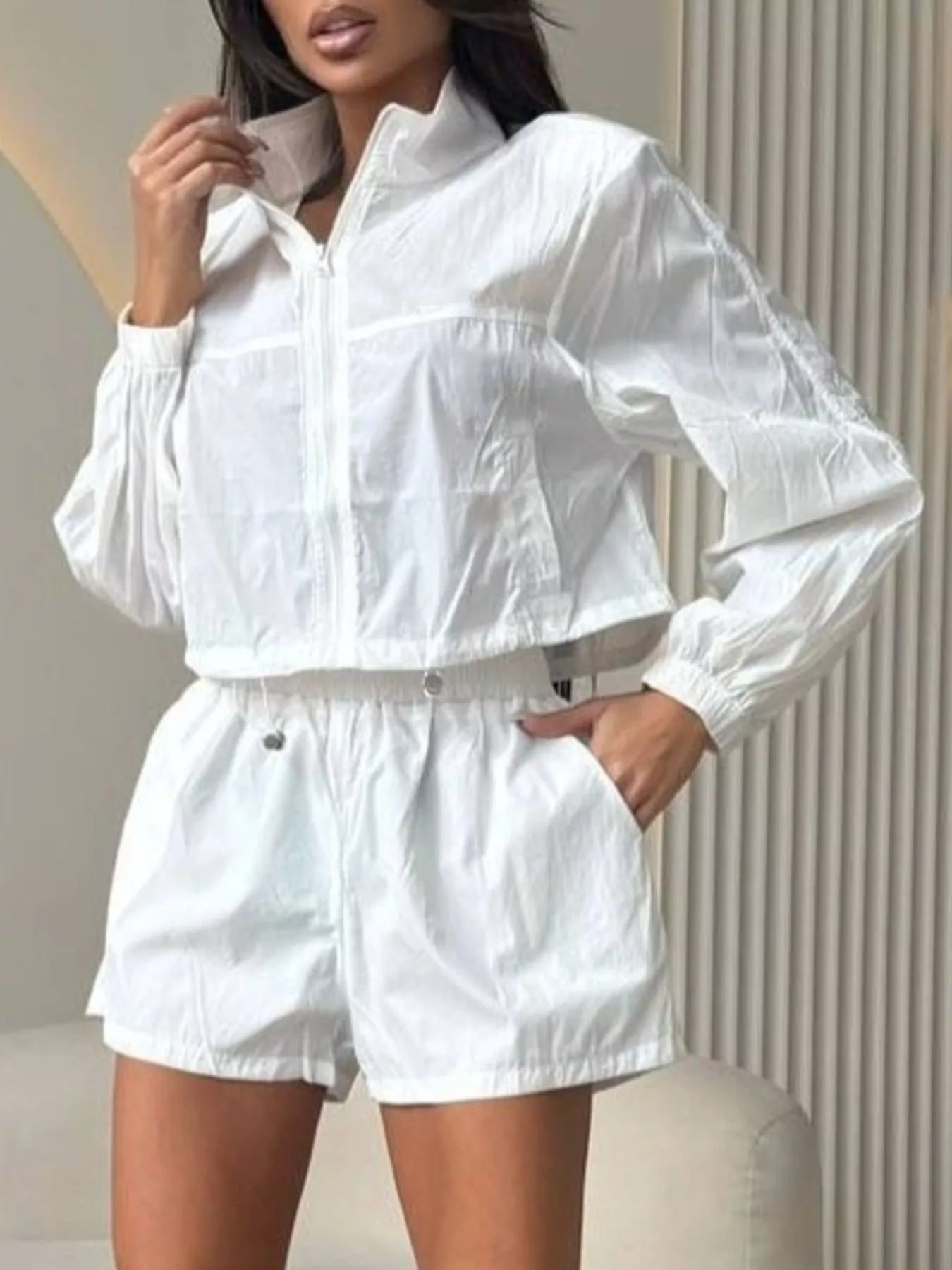 Zip Up Long Sleeve Outerwear and Shorts Set